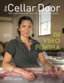 The Cellar Door magazine cover of issue number 49. Pictured is winemaker Andrea Mullineux with large text reading &quot;In Vino Femina&quot; beside her.