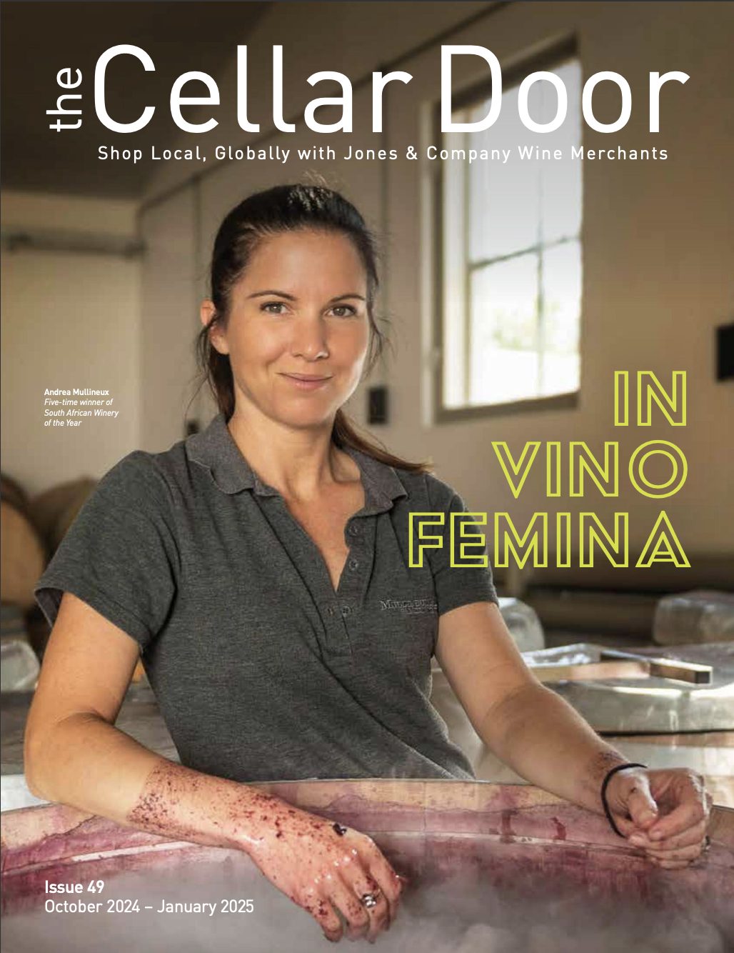 The Cellar Door magazine cover of issue number 49. Pictured is winemaker Andrea Mullineux with large text reading "In Vino Femina" beside her.